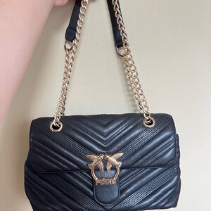 Pinko Black and Gold Chevron Shoulder Bag